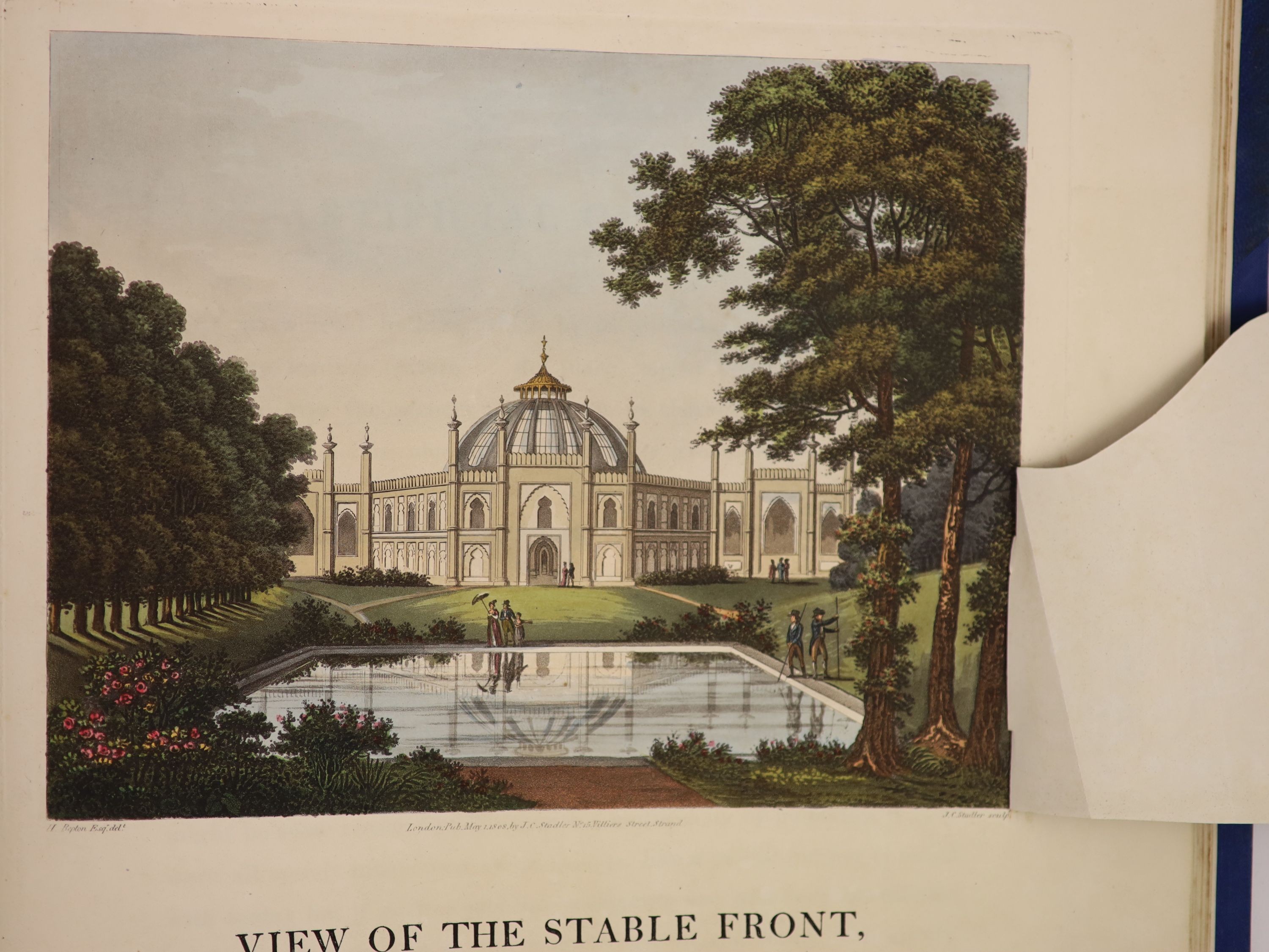 Repton, Humphry; John Aden & G.S - Design for the Pavillon [sic] at Brighton, 2nd issue, folio, rebound half blue morocco, with 20 plates and illustrations, including an engraved hand-coloured general ground plan; compri